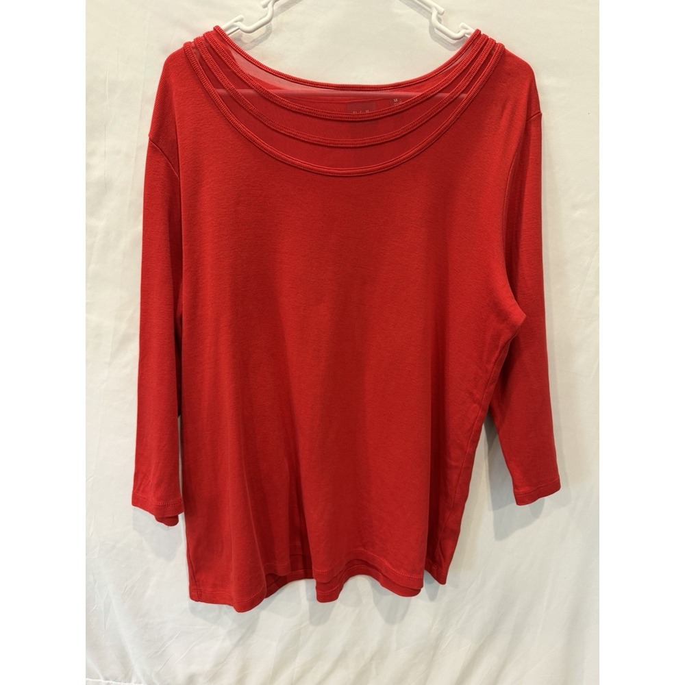 Rafaella Red Top 1X Plus Size 3/4 Sleeve Mesh Inset Scoop Neck Knit Shirt Ribbed